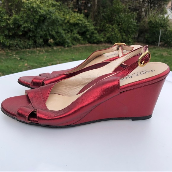 Taryn Rose Red Metallic Wedge Peep Open Toe Comfort Shoes size 38 new - Picture 2 of 7